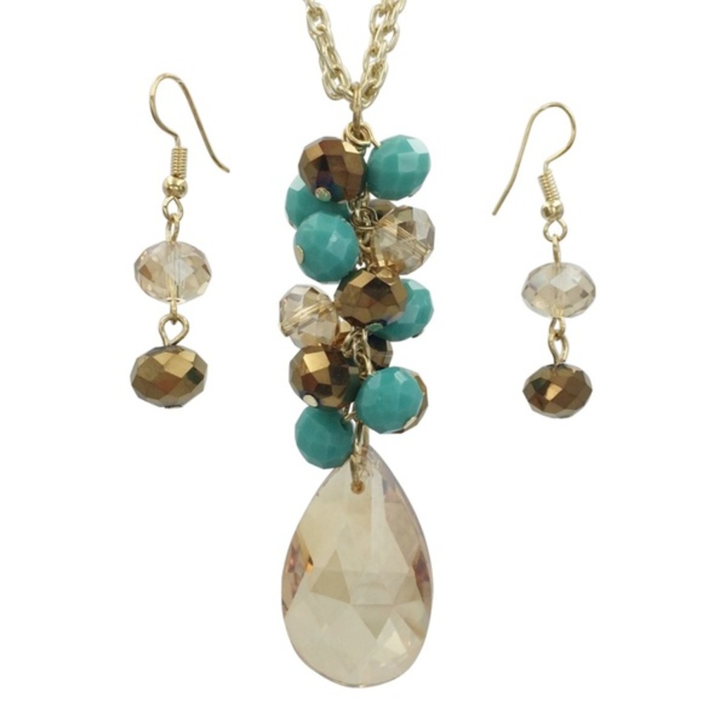 Aqua Blue & Brown Beaded Cluster Long Necklace Set
